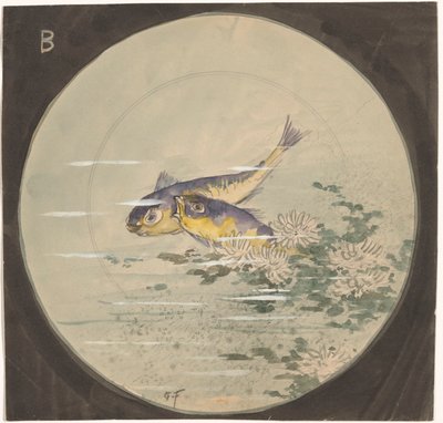 Design for a Plate with Two Blue-Yellow Fish by Water Lilies by Gustave Fraipont (signed by artist)