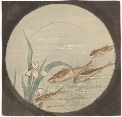 Design for a Plate with Four Brown Fish Swimming Downwards by a White Iris by Gustave Fraipont (signed by artist)