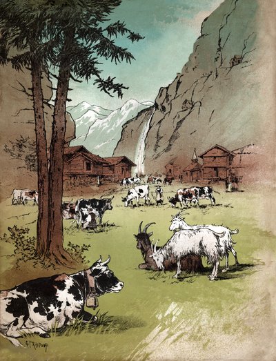 Farm and Landscape in the Swiss Alps (illustration) by Gustave Fraipont