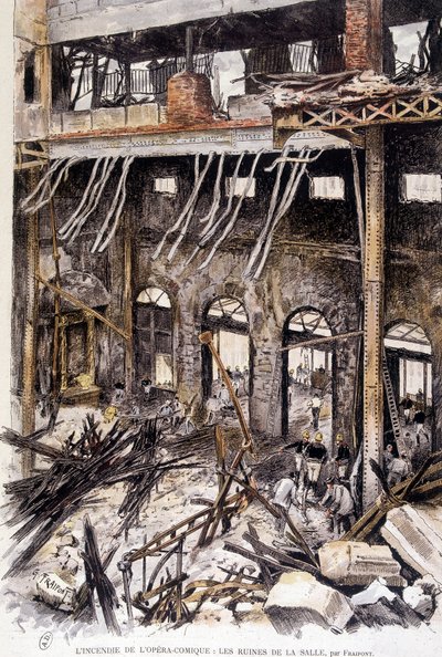 Firefighters working in the ruins of the room of the opera comique de Paris following the fire, by Fraipont by Gustave Fraipont