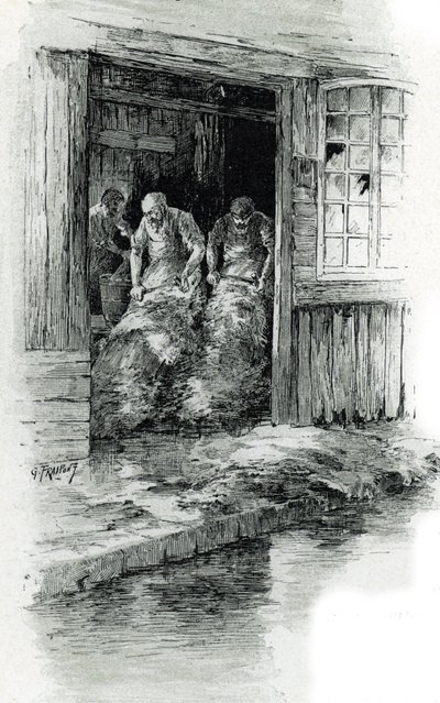 Tanners working leathers and animal skins in the rue des Gobelins, Paris. Drawing by Gustave Fraipont from 