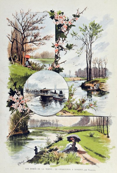 The edge of the Marne: from Charenton to Nogent in 1887. Illustration by Gustave Fraipont. Engraving of 1887 in Paris-Illustrous journal weekly. by Gustave Fraipont