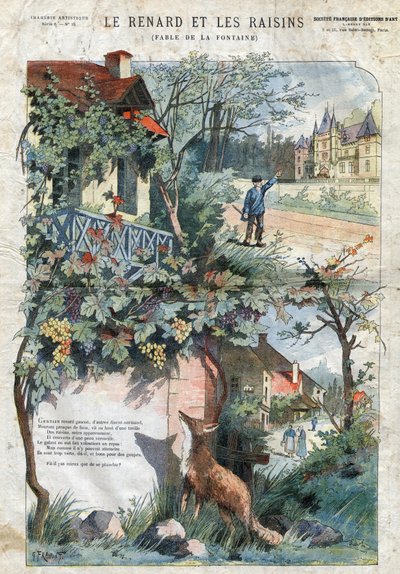 The fox and the grapes. Fables by Jean de La Fontaine (1621-95). Illustration by Gustave Fraipont (1849-1923). Private collection. by Gustave Fraipont