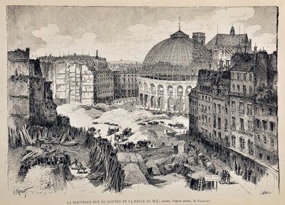 The New Rue du Louvre and the Halle au Ble in Paris in 1887. Illustration by Gustave Fraipont (1849 - 1923). Engraving from 1887 in 