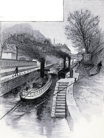 Towboats of the Lock on the Seine River in Front of the Hotel des Monnaie, Paris by Gustave Fraipont