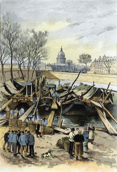 View of the Apples Market on Barges on the Seine River, Near Hotel de Ville, Paris. Drawing by Gustave Fraipont by Gustave Fraipont