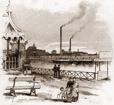 View of the quai de Javel in Paris, actuel quai André-Citroen. Drawing by Gustave Fraipont from 