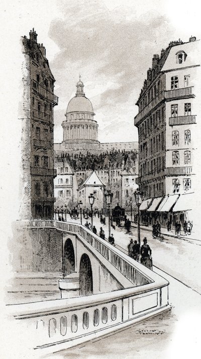 View of the rue de Bellay and the dome of the Pantheon, Paris. Drawing by Gustave Fraipont from Saint-Juirs by Gustave Fraipont