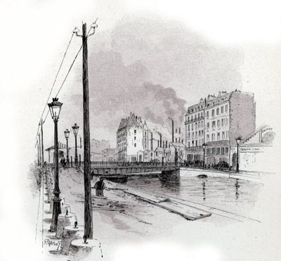 View of the swinging bridge of Quai de Valmy on the Canal Saint Martin, Paris by Gustave Fraipont
