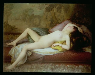 Nude lying on a chaise longue by Gustave Henri Eugene Delhumeau