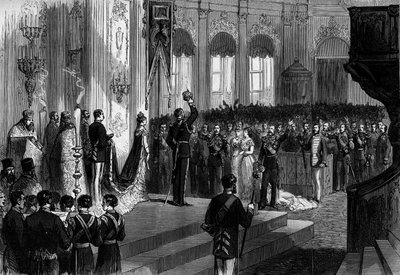 Russian tsar Alexander III laying the crown on his head at the ceremony of elevation to the throne, in the chapel of the Winter Palace of St. Petersburg by Gustave Janet