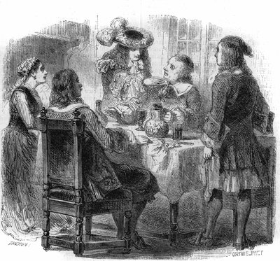 Russian tsar Peter the Great (1672-1725), hosted in France with the Kalf family, observes the discussion between his host and a drunken, the Marquis de Bernardini. Engraving by Gustave Janet by Gustave Janet