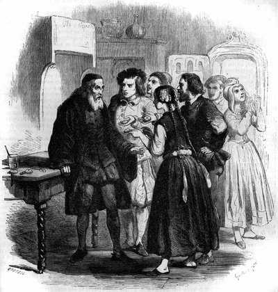 The Geneva people bring their watches to Zacharius. Illustration of Master Zacharius or the watchmaker who had lost his soul, fantasy tale by Jules Verne. Engraving by Gustave Janet by Gustave Janet