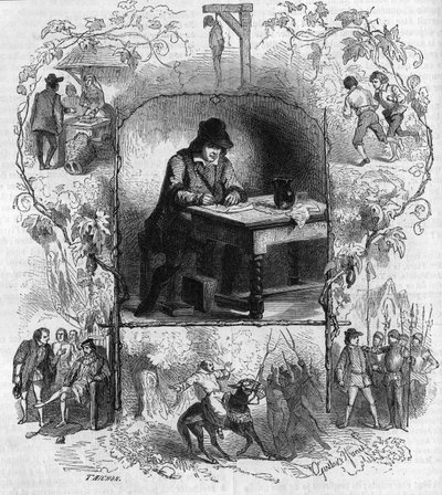 The poet Francois Villon (1431-1463) writing his will surrounded by different episodes of his life. Engraving by Gustave Janet by Gustave Janet