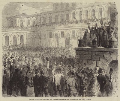 Victor Emmanuel saluting the Florentines from the Gallery of the Pitti Palace by Gustave Janet