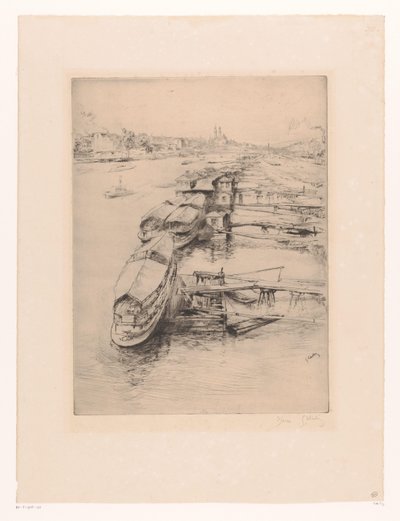 Moored Boats in Auteuil, Paris by Gustave Leheutre (signed by artist)
