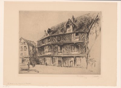 Street with Houses and Walkers in Chartres by Gustave Leheutre (signed by artist)