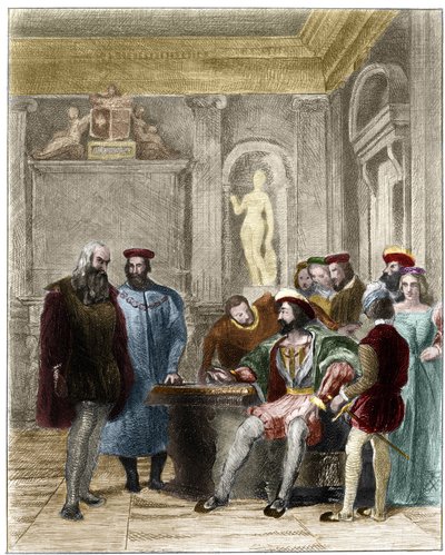 Leonardo da Vinci at the court of the king of France Francois 1st. 19th century engraving by Gustave Greux. Private collection by Gustave Marie Greux