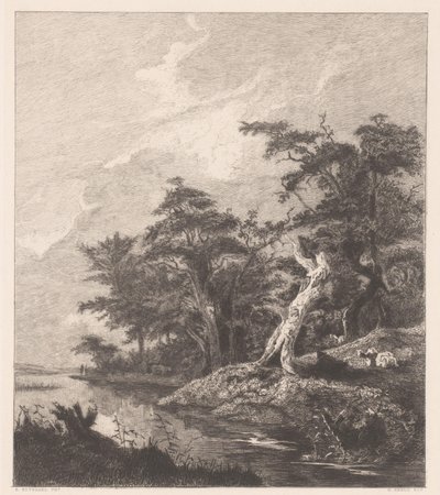 River Landscape with Resting Shepherd by a Tree Stump by Gustave Marie Greux