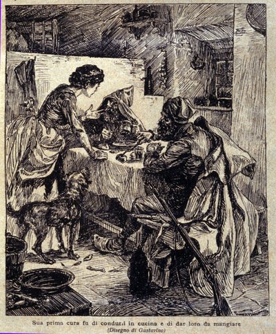 His first concern was to drive them to the kitchen and feed them... Illustration of the new 