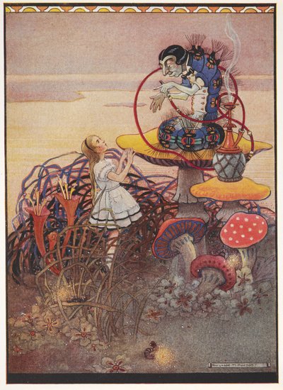 Alice talking to the Blue Caterpillar who is sitting on top of a giant mushroom, smoking a pipe by Gwynedd M. Hudson