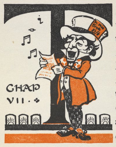 Illuminated letter T with the Mad Hatter singing from a song sheet by Gwynedd M. Hudson
