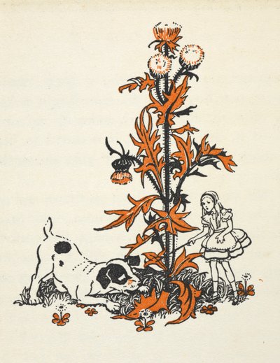 Shrunken Alice and the Puppy by a Giant Thistle by Gwynedd M. Hudson