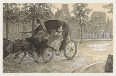 Two Women in a Horse Carriage by H.C. Louwerse (signed by artist)