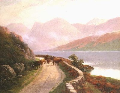 Drover with Cows by Lake Buttermere, Evening by H.R. Hall