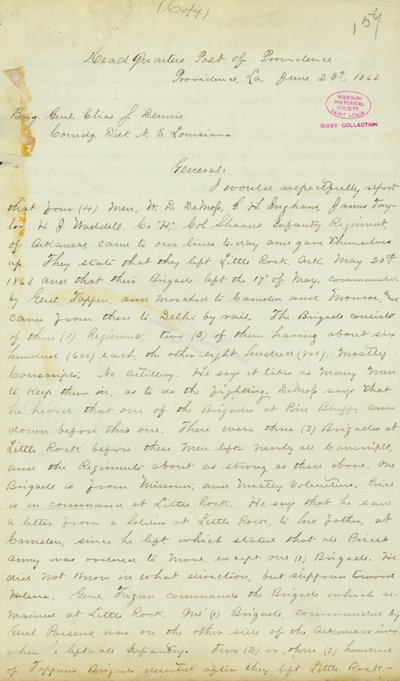 Letter from H. T. Reid, headquarters, Post of Providence, Louisiana, to Brigadier General Elias S. Dennis, June 22, 1863 by H.T. Reid
