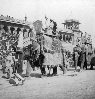 An Elephant Procession Passing Jumma Masjid, Delhi, India, 1900s by H. Hands and Son