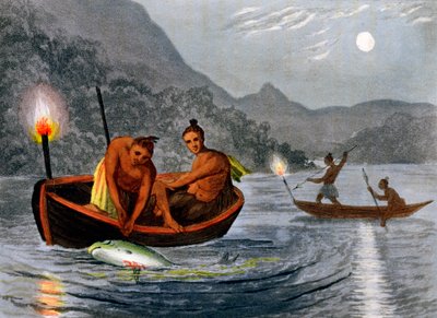 Native Americans Fishing by Torchlight in North America, 1813 by H Merke