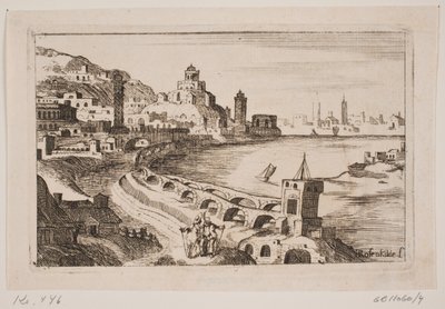 Riverbank with oriental city by H. Rosenkilde