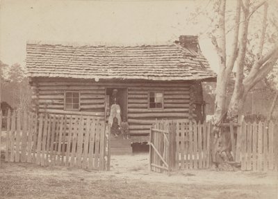 Albumen print of a woman and two children in front of a log house in Georgia by H. S. Clark