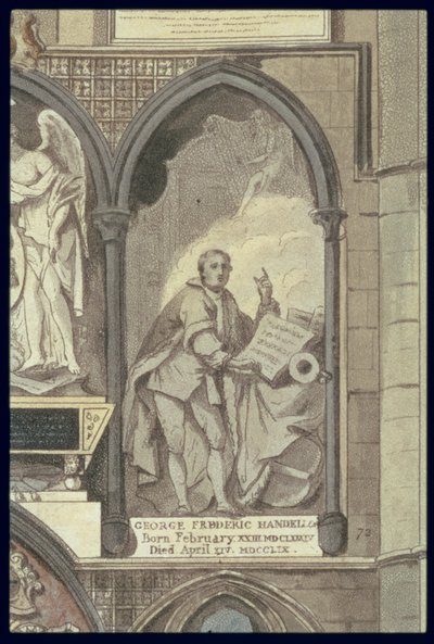 West Side of Poets Corner, plate 25 from Westminster Abbey (detail of the Funeral Monument of George Frederick Handel) by H. Villiers