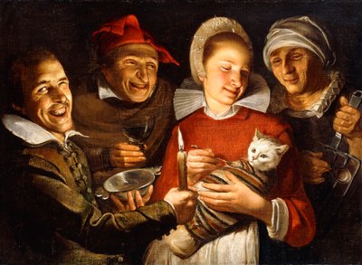 A Dutch Proverb - A woman feeding a bound cat, surrounded by men by Haarlem School