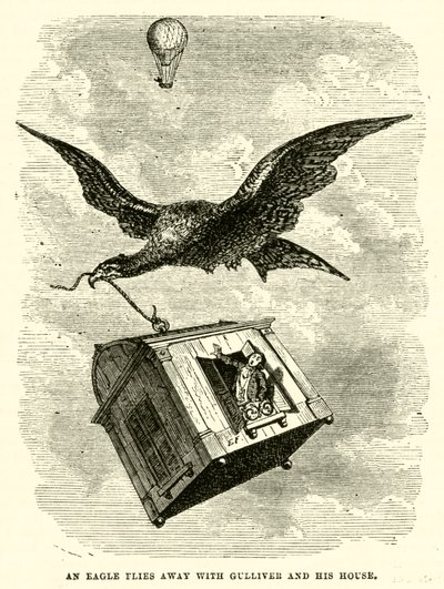 An eagle flies away with Gulliver and his house by after Hablot Knight Browne