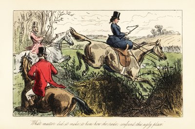 English huntswoman jumping sidesaddle over a fence by after Hablot Knight Browne