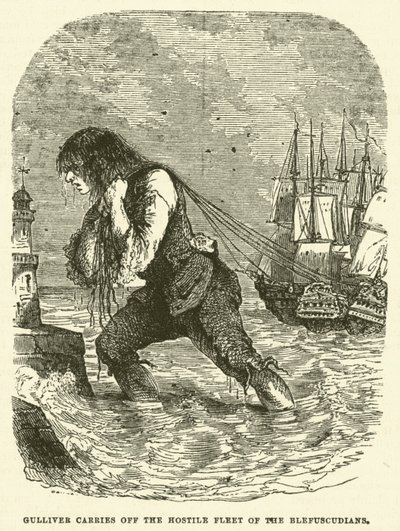 Gulliver carries off the hostile fleet of the Blefuscudians (engraving) by after Hablot Knight Browne
