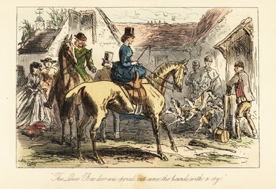 Huntsmen and women watch the fox-hounds let out of a pen before a hunt by after Hablot Knight Browne