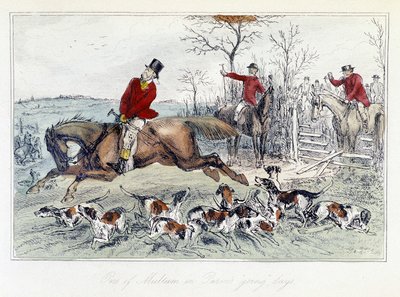 Hunting scene in The Adventures of Thomas Scott, illustration by H.K. Browne and W.T. Maud; English cartoon on fox hunting by Hablot Knight Browne
