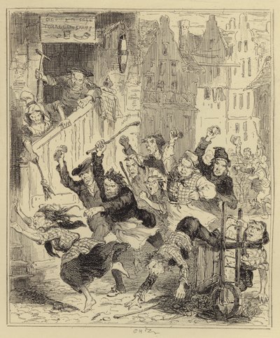 Mob Pursuing Mrs. McDougal by Hablot Knight Browne