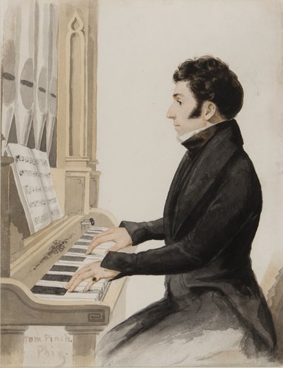 Tom Pinch playing the Salisbury organ by Hablot Knight Browne