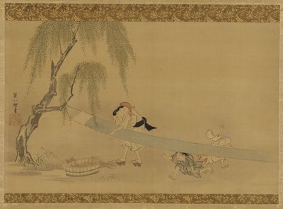Woman Stretching Cloth to Dry, Two Children at Play, Edo Period by Hanabusa Itcho