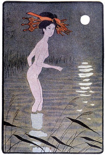 Young Japanese bathing in a pond in the moonlight - in Japanese doll by Félicien Champsaur, ill. Hanafusa Itcho, Paris by Hanabusa Itcho