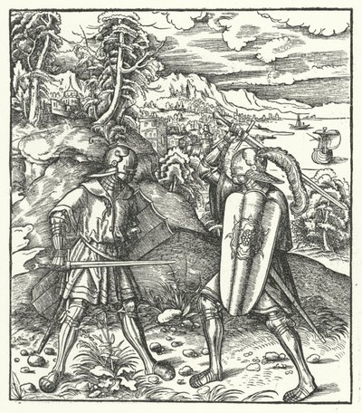 Archduke Maximilian of Austria in armour fighting with a sword by Hans (after) Burgkmair