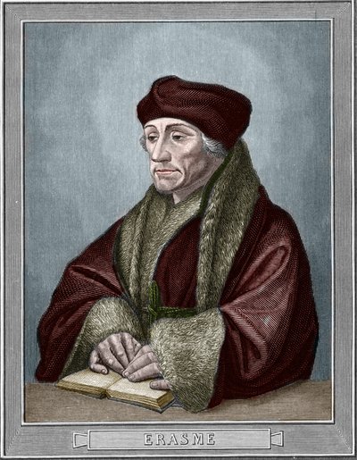 Portrait of Erasmus of Rotterdam, Dutch humanist. Engraving after Holbein the Younger. Engraving of 1859 in 
