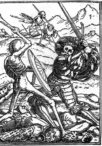 The Mock Death of Hans Holbein the Younger (1497-1543): The Soldier. A soldier fights Death; at their feet lie the bodies of other warriors. Engraving by Hans (after) Holbein the Younger