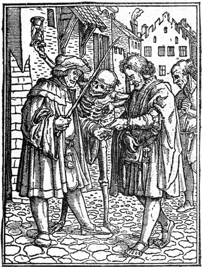 The mock death of Hans Holbein the Younger (1497-1543): the lawyer (engraving) by Hans (after) Holbein the Younger