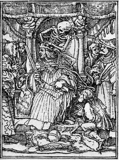 The Simulacrons of the Death of Hans Holbein the Young: The Emperor. While Death Takes Away the Crown of the Emperor, a Peasant Begs Him for Justice. Engraving by Hans (after) Holbein the Younger